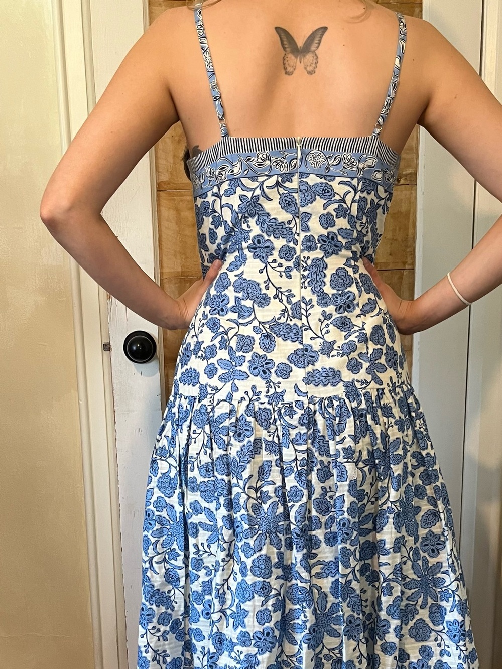 Blue and White Floral Midi Dress with Spaghetti Straps